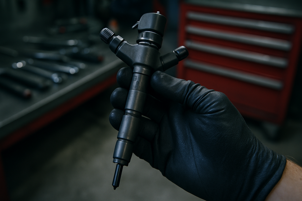 a Common Rail diesel injector from an Audi A3 2.0 TDI engine held by a mechanic's gloved hand