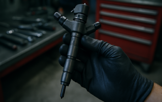 a Common Rail diesel injector from an Audi A3 2.0 TDI engine held by a mechanic's gloved hand