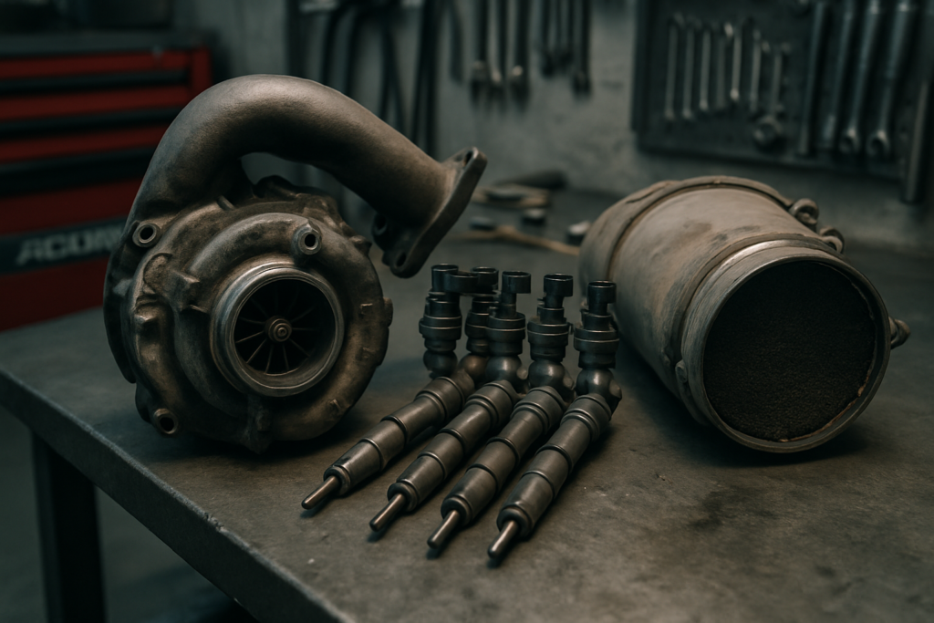 BMW M57 diesel engine variable geometry turbocharger removed and placed on a workbench next to a set of Bosch injectors and a clogged particulate filter