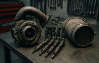 BMW M57 diesel engine variable geometry turbocharger removed and placed on a workbench next to a set of Bosch injectors and a clogged particulate filter