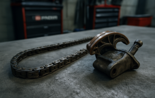 worn timing chain and tensioner from a BMW M47 diesel engine laid on a workbench