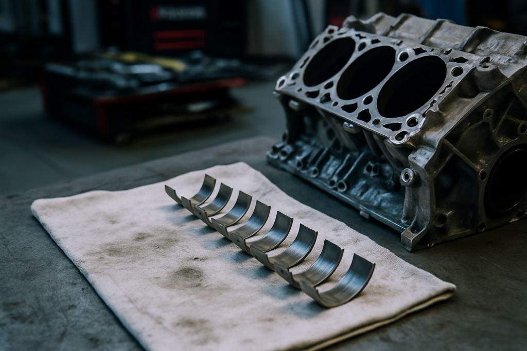 BMW S85 V10 connecting rod bearings laid out on a shop rag beside a disassembled engine block
