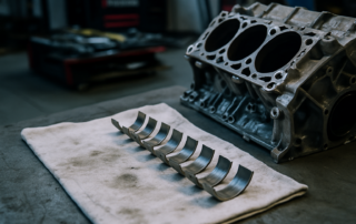 BMW S85 V10 connecting rod bearings laid out on a shop rag beside a disassembled engine block