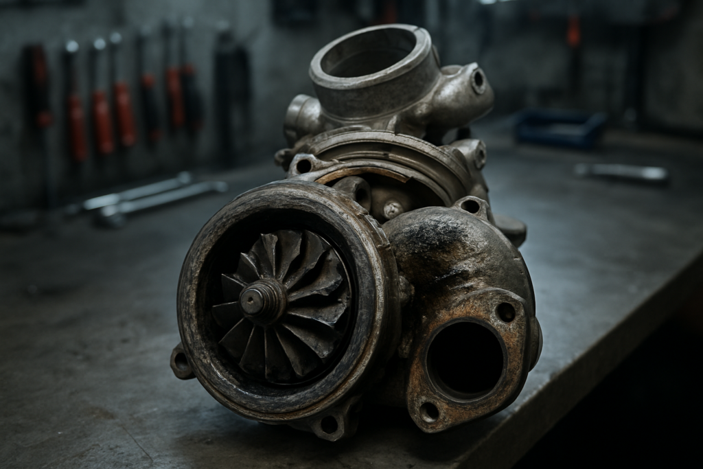 a variable geometry turbocharger from a 2.0 TDI engine disassembled on a workbench