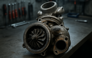 a variable geometry turbocharger from a 2.0 TDI engine disassembled on a workbench