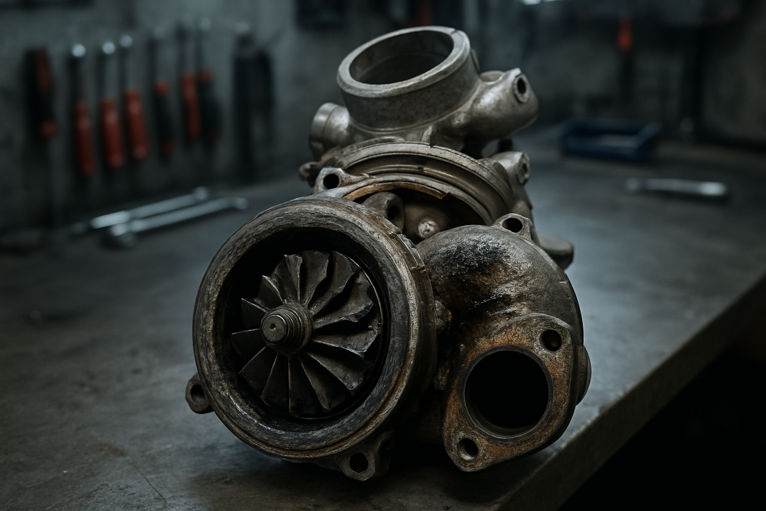 a variable geometry turbocharger from a 2.0 TDI engine disassembled on a workbench
