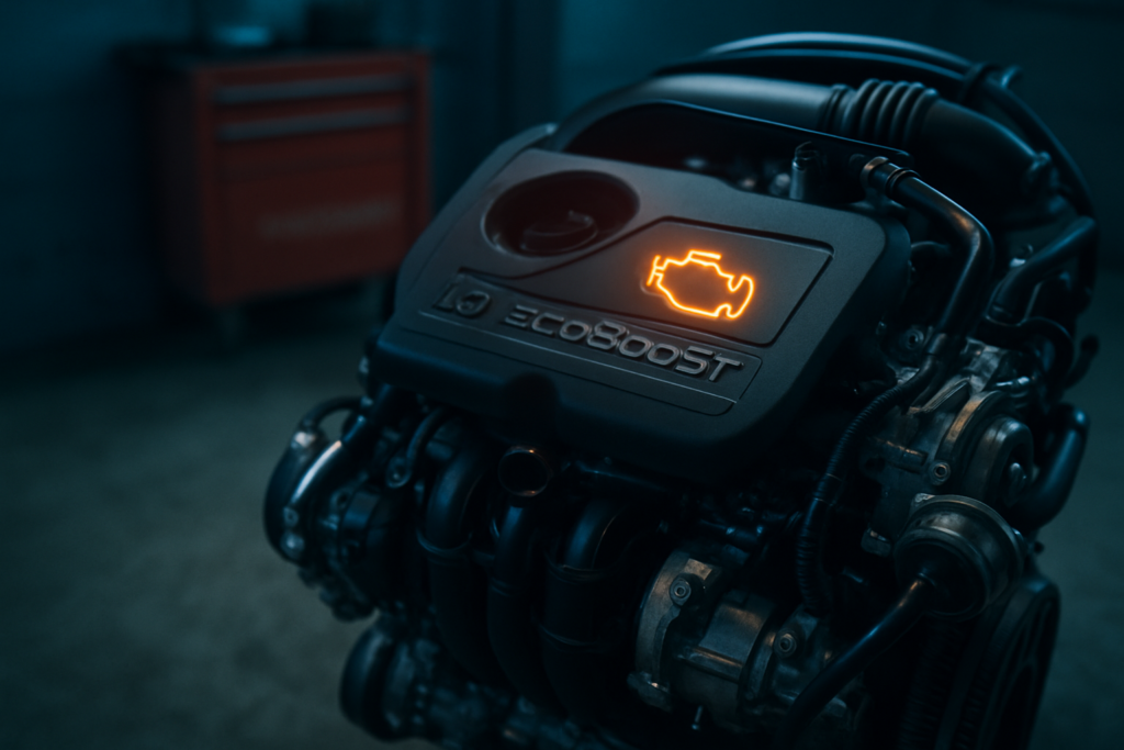Ford 1.0 EcoBoost 125 three-cylinder engine with illuminated check engine warning light visible on dashboard
