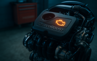 Ford 1.0 EcoBoost 125 three-cylinder engine with illuminated check engine warning light visible on dashboard