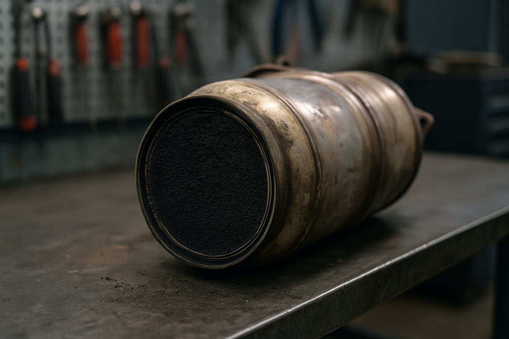 clogged diesel particulate filter from a BMW N47 2.0d engine on a workbench