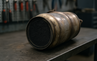 clogged diesel particulate filter from a BMW N47 2.0d engine on a workbench