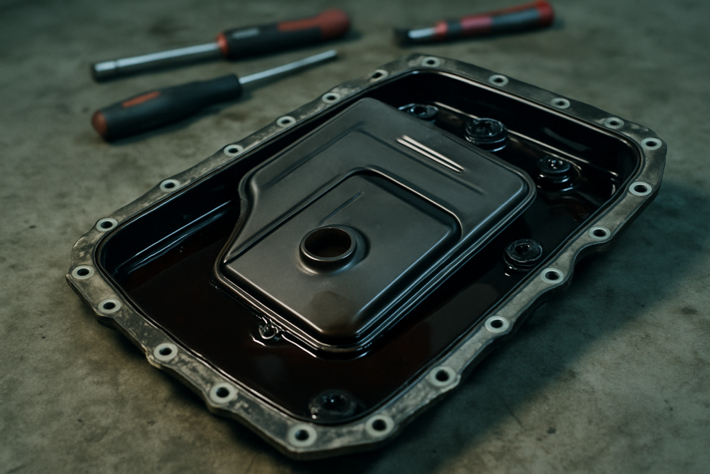 ZF 6HP19 automatic gearbox oil pan removed with used dark transmission fluid and integrated filter visible