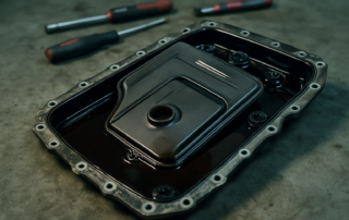 ZF 6HP19 automatic gearbox oil pan removed with used dark transmission fluid and integrated filter visible