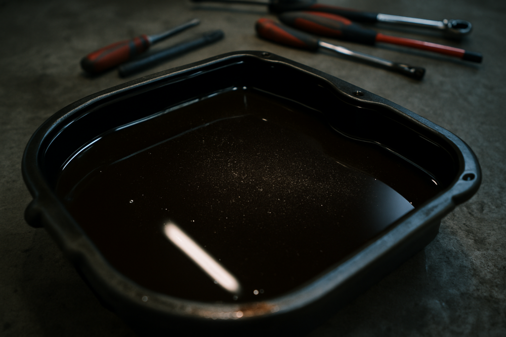 Audi A6 C7 DL501 S-Tronic gearbox oil drain pan with dark used transmission fluid and metallic particles visible