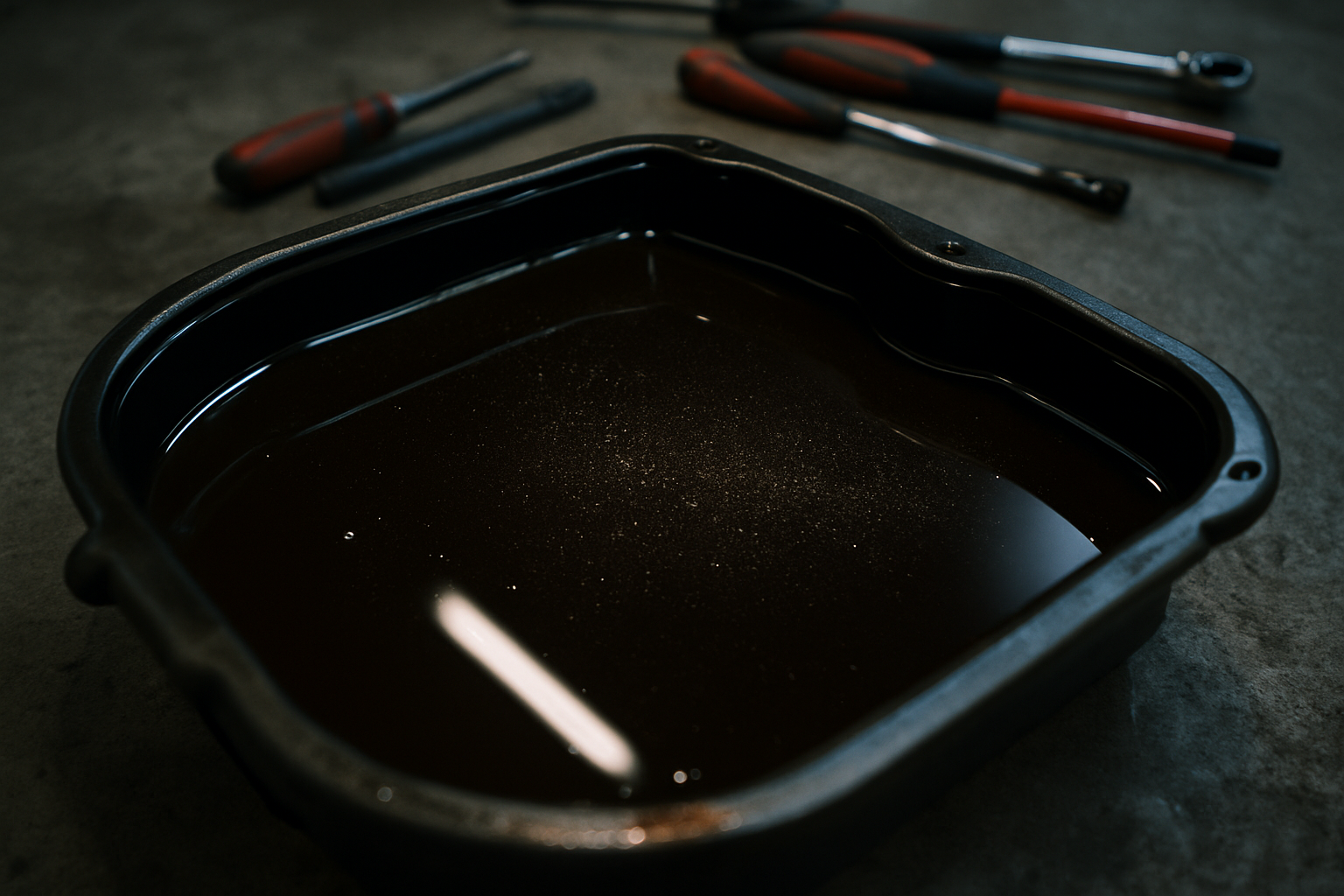 Audi A6 C7 DL501 S-Tronic gearbox oil drain pan with dark used transmission fluid and metallic particles visible