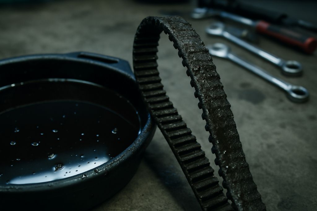 degraded wet timing belt from a 1.2 PureTech EB2ADTS engine next to an ATF oil drain pan with dark contaminated fluid