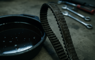degraded wet timing belt from a 1.2 PureTech EB2ADTS engine next to an ATF oil drain pan with dark contaminated fluid