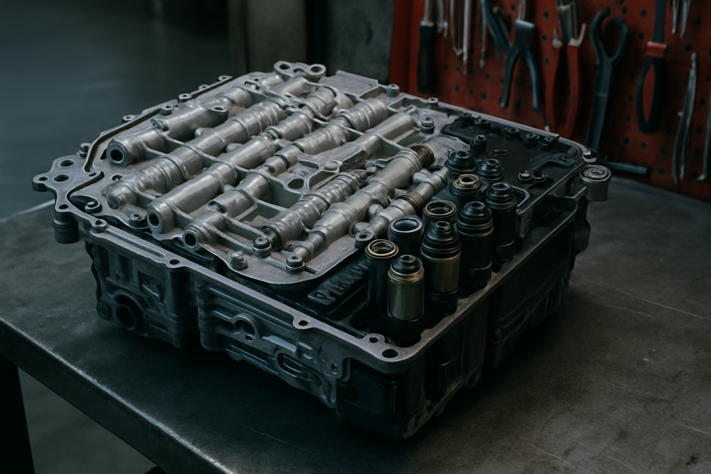 ZF 9HP48 automatic gearbox hydraulic mechatronic unit removed and placed on a workbench