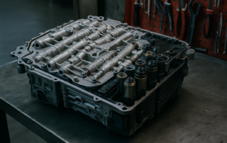 ZF 9HP48 automatic gearbox hydraulic mechatronic unit removed and placed on a workbench