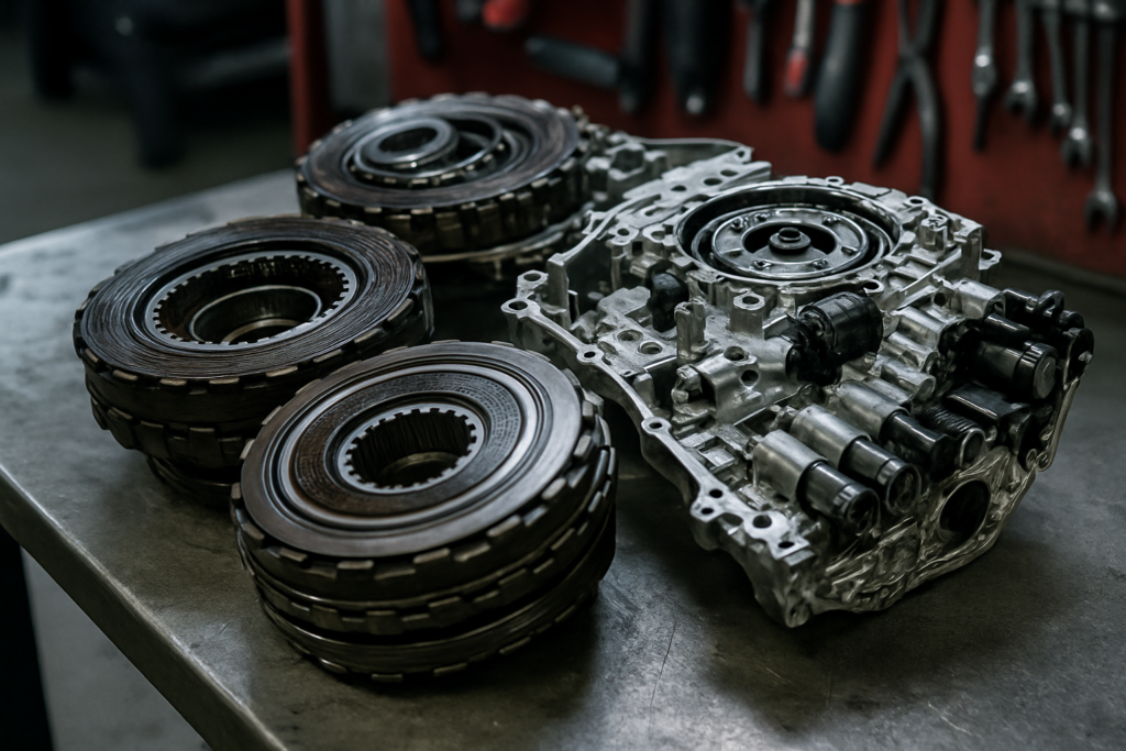 Ford Mondeo IV dual-clutch gearbox Getrag 6DCT450 disassembled on a workbench showing worn wet clutch packs and mechatronic unit