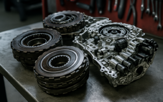 Ford Mondeo IV dual-clutch gearbox Getrag 6DCT450 disassembled on a workbench showing worn wet clutch packs and mechatronic unit