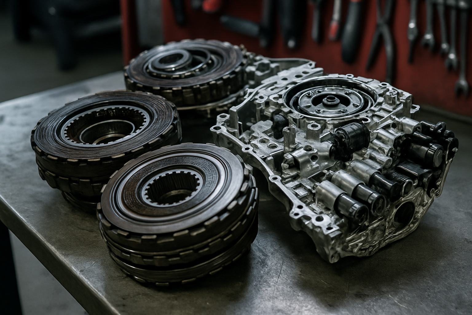 Ford Mondeo IV dual-clutch gearbox Getrag 6DCT450 disassembled on a workbench showing worn wet clutch packs and mechatronic unit