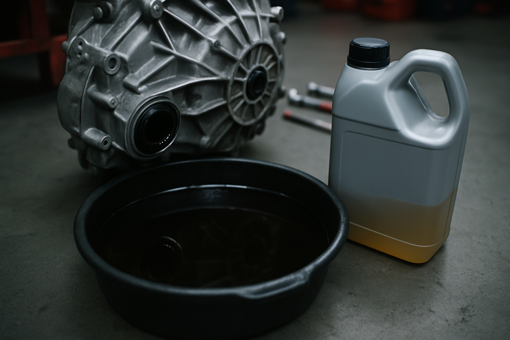 Getrag 6DCT450 dual-clutch gearbox oil drain pan filled with dark used transmission fluid next to a fresh bottle of EDC-spec lubricant
