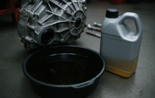 Getrag 6DCT450 dual-clutch gearbox oil drain pan filled with dark used transmission fluid next to a fresh bottle of EDC-spec lubricant