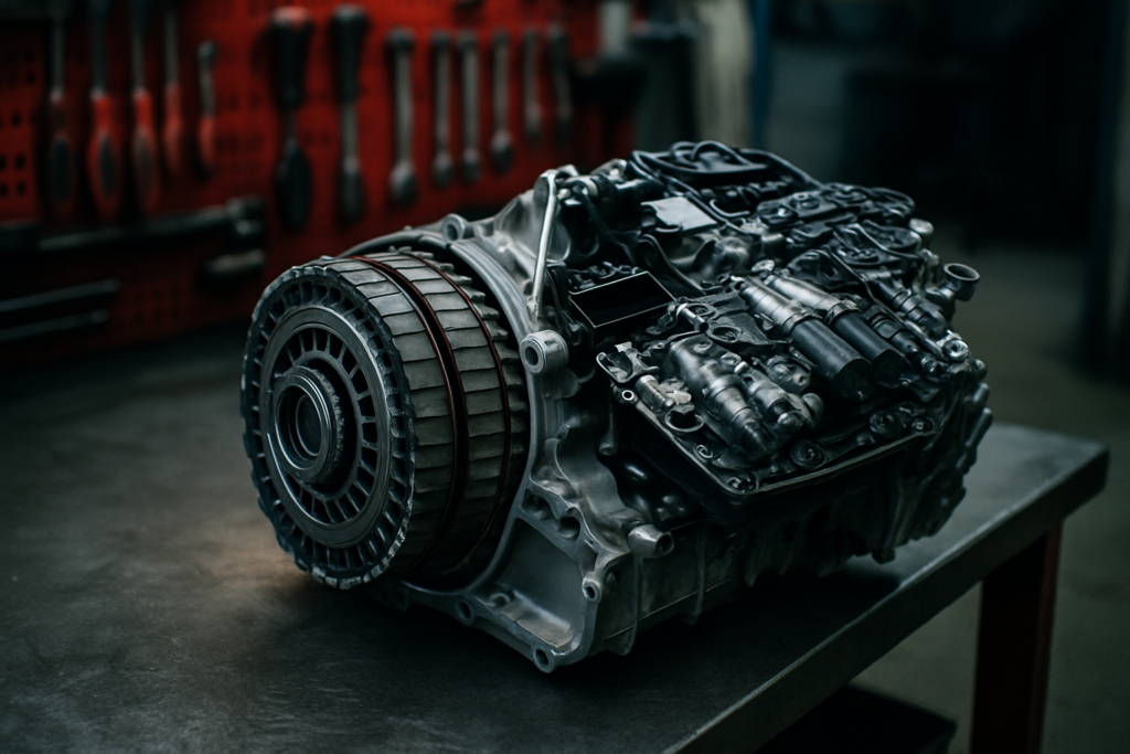 disassembled Volkswagen DSG7 DQ200 dual-clutch unit with visible dry clutch plates and mechatronic module on a workbench