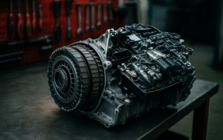 disassembled Volkswagen DSG7 DQ200 dual-clutch unit with visible dry clutch plates and mechatronic module on a workbench