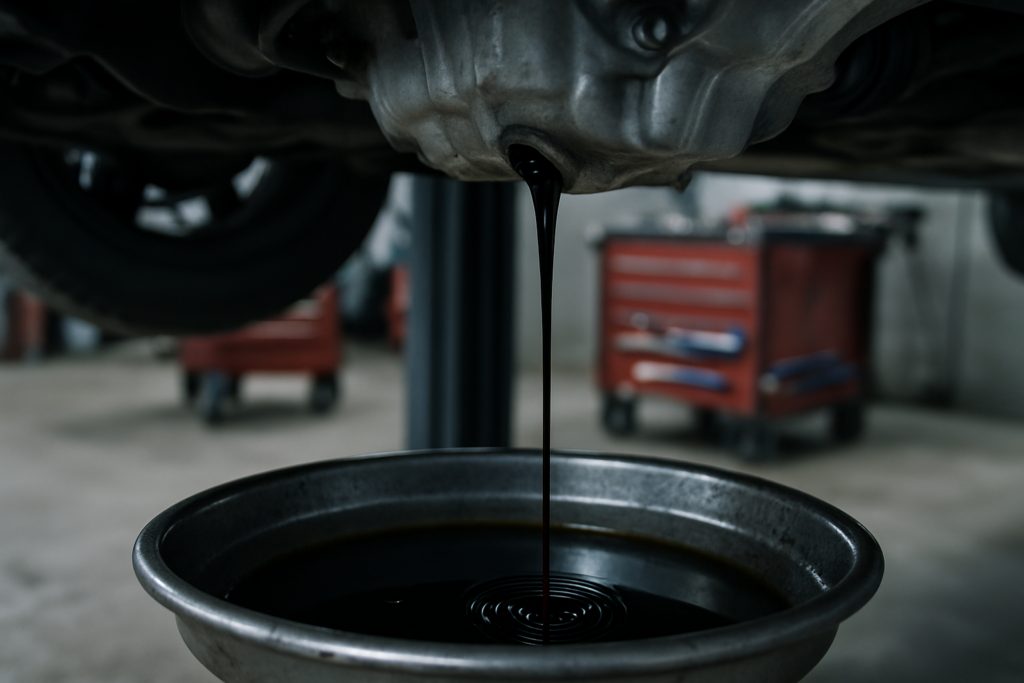 Fiat 500X 1.4 MultiAir engine oil drain with viscous dark used oil flowing into a metal pan