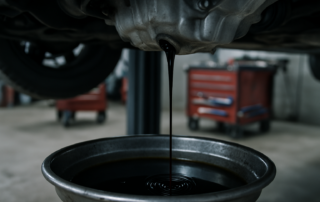 Fiat 500X 1.4 MultiAir engine oil drain with viscous dark used oil flowing into a metal pan
