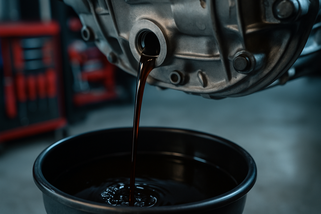 ZF 8HP70 automatic gearbox oil drain with dark degraded fluid flowing into a drain pan