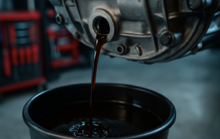 ZF 8HP70 automatic gearbox oil drain with dark degraded fluid flowing into a drain pan