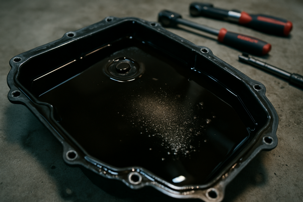 Audi S-Tronic DL382 dual-clutch gearbox oil drain pan with dark used transmission fluid and metal debris close-up