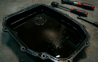 Audi S-Tronic DL382 dual-clutch gearbox oil drain pan with dark used transmission fluid and metal debris close-up