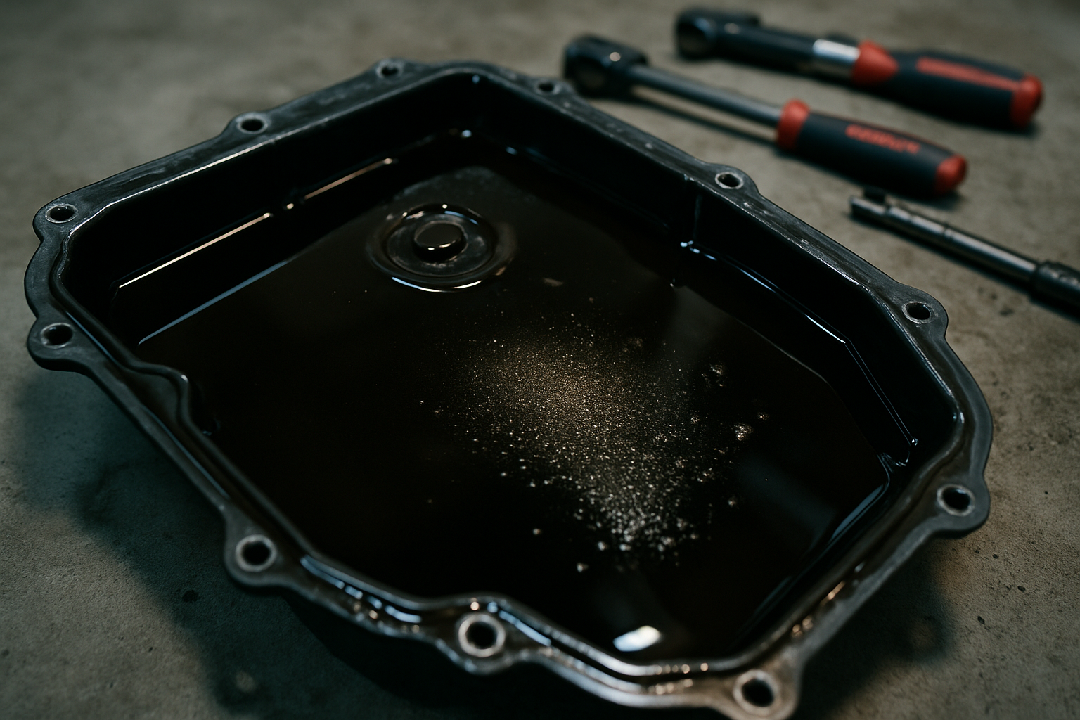 Audi S-Tronic DL382 dual-clutch gearbox oil drain pan with dark used transmission fluid and metal debris close-up