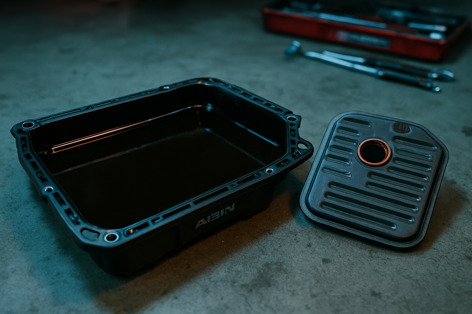 Aisin EAT8 automatic gearbox oil drain pan filled with dark degraded ATF fluid beside a used transmission filter