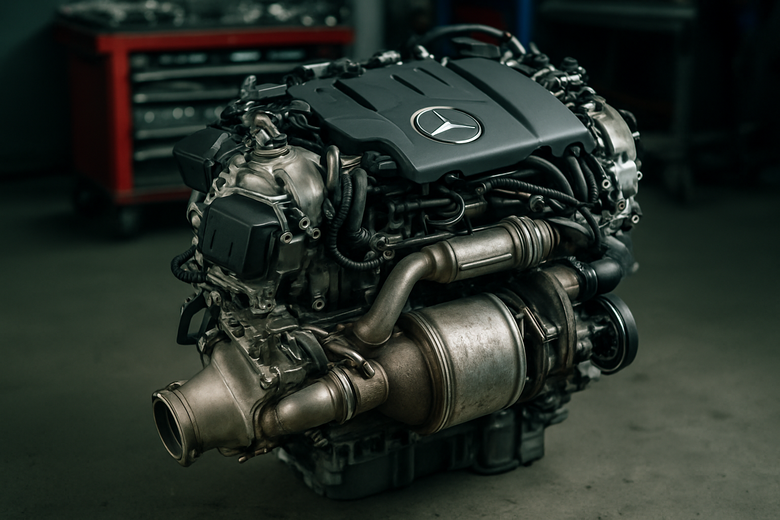 Mercedes OM654 diesel engine with EGR valve and DPF filter visible