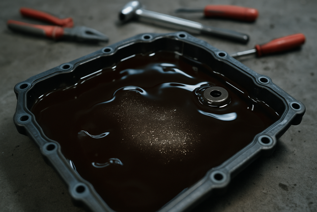 ZF 8HP70 automatic gearbox oil drain pan with dark degraded ATF fluid and metallic debris close-up