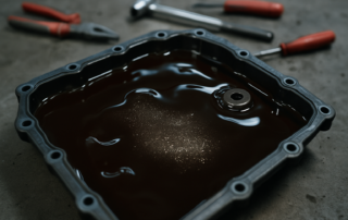 ZF 8HP70 automatic gearbox oil drain pan with dark degraded ATF fluid and metallic debris close-up
