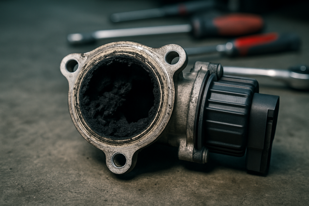 clogged EGR valve from a Renault 1.6 dCi R9M engine covered in carbon deposits