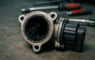 clogged EGR valve from a Renault 1.6 dCi R9M engine covered in carbon deposits