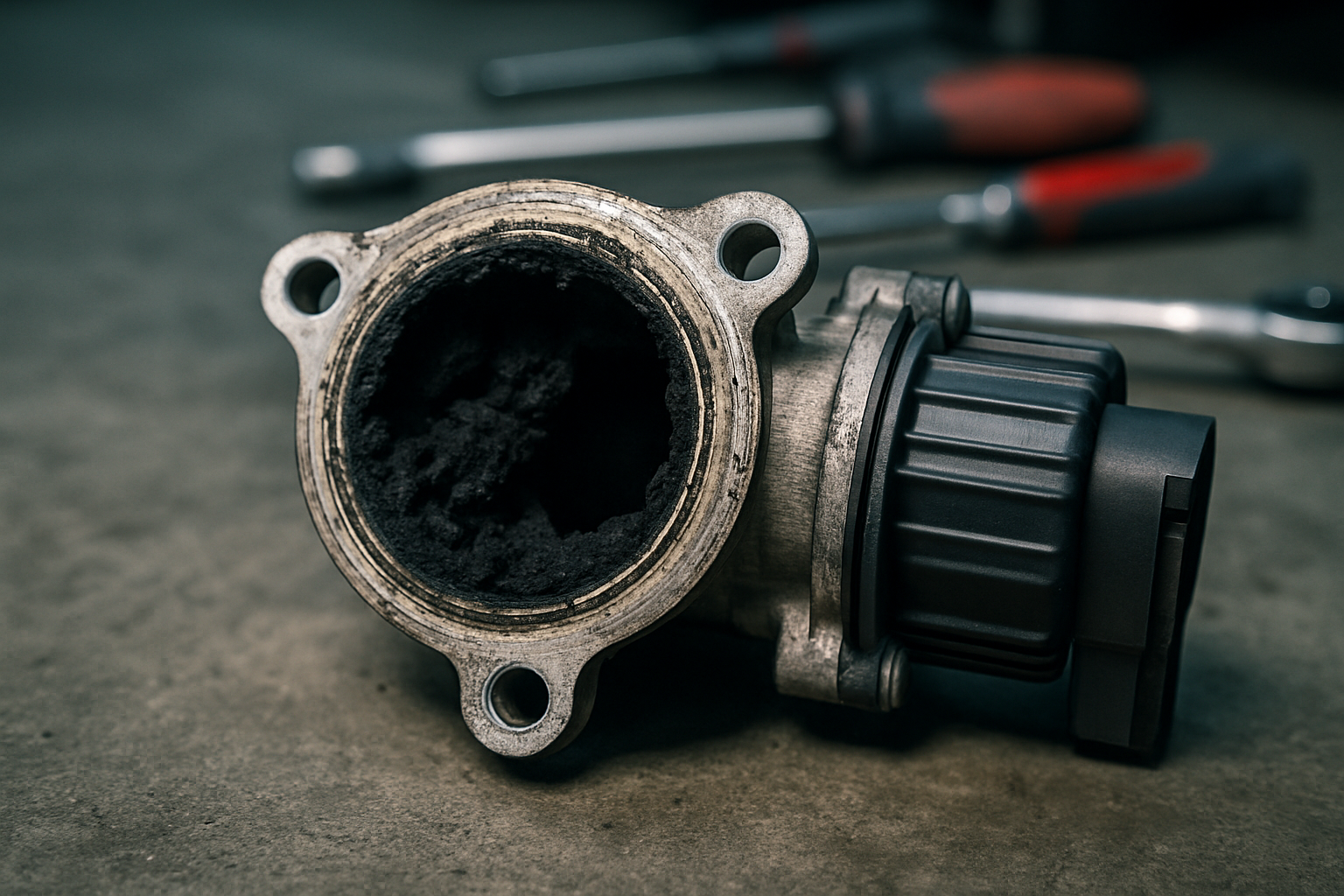 clogged EGR valve from a Renault 1.6 dCi R9M engine covered in carbon deposits