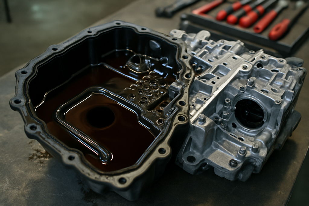 DSG DQ250 gearbox oil drain with internal filter removed on a workbench