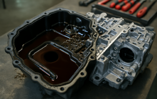 DSG DQ250 gearbox oil drain with internal filter removed on a workbench