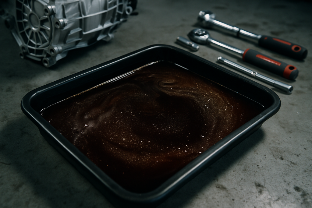 Getrag 6DCT450 dual-clutch gearbox oil drain pan with dark degraded transmission fluid and metallic particles
