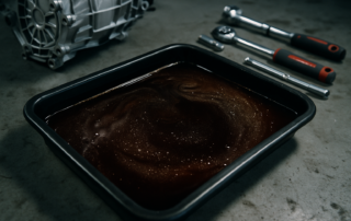 Getrag 6DCT450 dual-clutch gearbox oil drain pan with dark degraded transmission fluid and metallic particles
