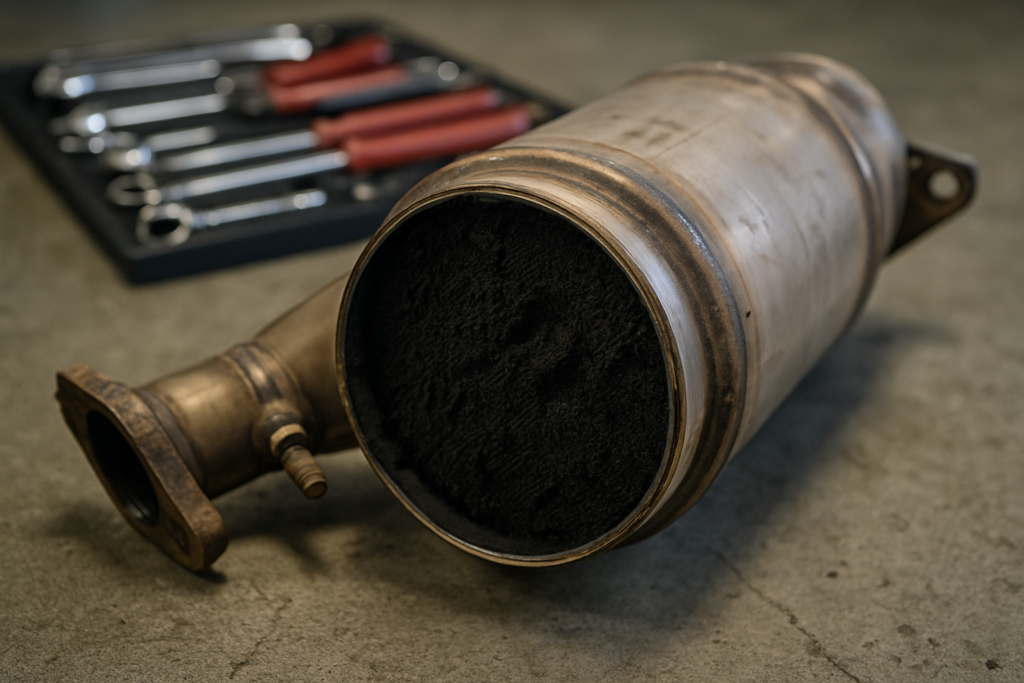 clogged diesel particulate filter (FAP) removed from a Jaguar F-Pace 2.0D Ingenium AJ200D engine