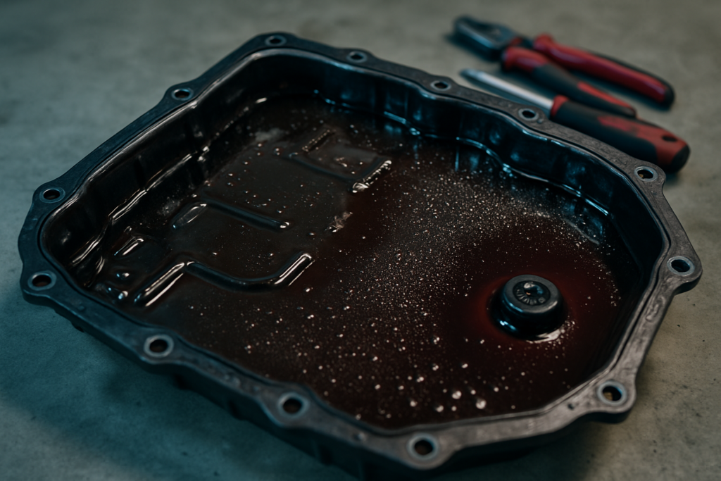 Aisin AWTF-80 SC automatic transmission oil drain pan with dark used ATF fluid and metal particles visible