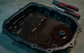 Aisin AWTF-80 SC automatic transmission oil drain pan with dark used ATF fluid and metal particles visible